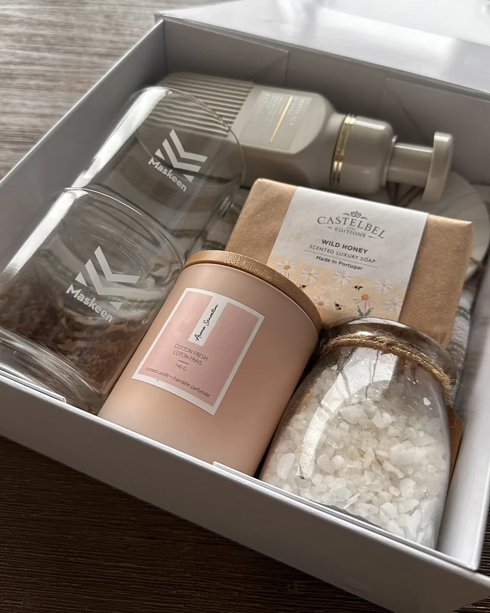 Corporate gift box with a branded glass, honey soap, candle and bath salts